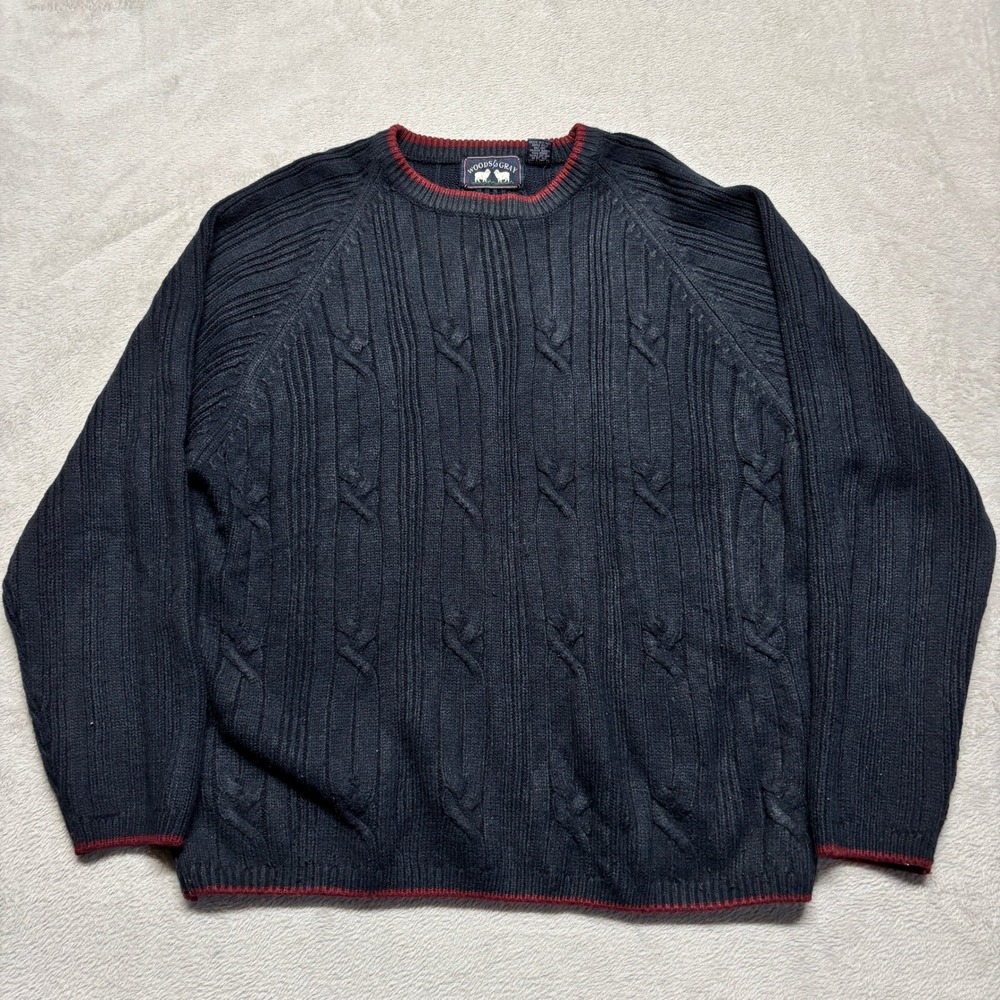 Vintage Woods & Gray Sweater Mens Large Cable Knit Navy Blue Burgundy Trim